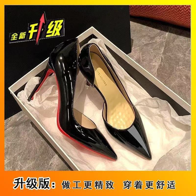 Patent Leather Side Empty Red Sole Shoes Thin Heels Black High Heels Spring and Autumn New Sexy and Thin Professional Commuting Shoes