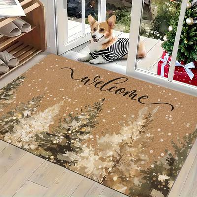 1pc Christmas Tree Print Indoor Welcome Mat | Non-Slip PVC Backing, Soft Flannel Surface with Handwritten Welcome Letters and Cedar Design - Easy To C