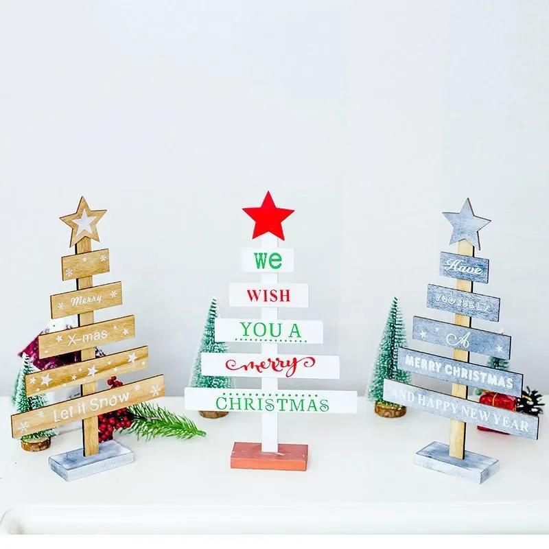 Christmas Mini Wooden Merry Christmas Tree Home Desk Table Decor Pendants Xmas Tree Ornaments Christmas Decor Happy New Year