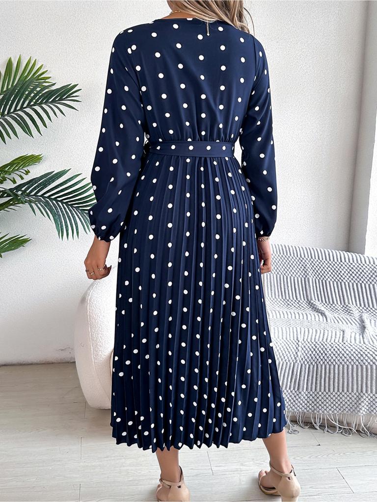 V Neck Printed Overlapping Dress Waist Hugging  Elegant Pleats Wave Point Dress for Women Long Sleeve Loose Dresses Causal Dress