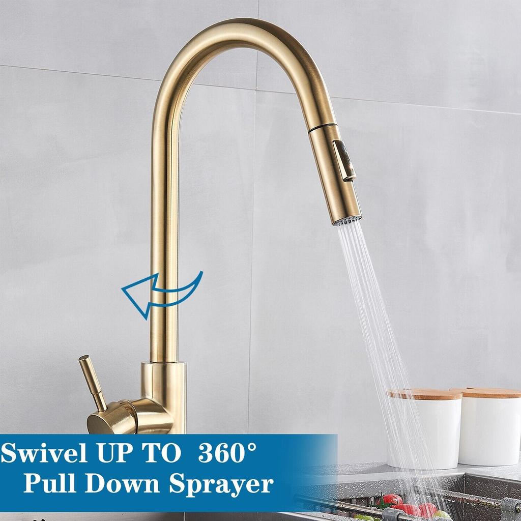 Матовый золотой кухонный смеситель для раковины, распылитель, поворотный излив, смеситель