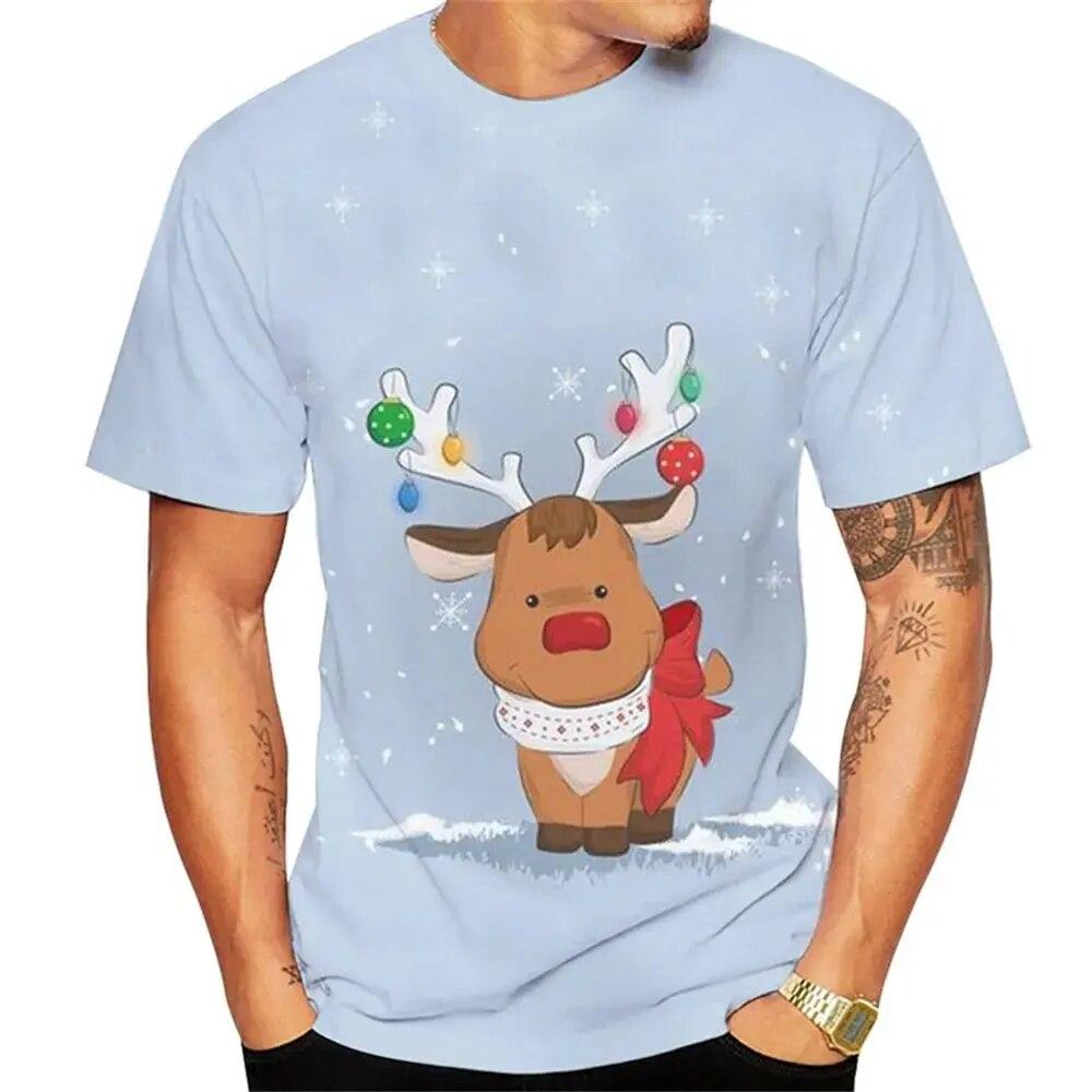 Christmas Elk 3D Print T Shirt For Men X'mas Harajuku Streetwear Fashion O-neck Short Sleeve New Year Gift Oversized TOPS