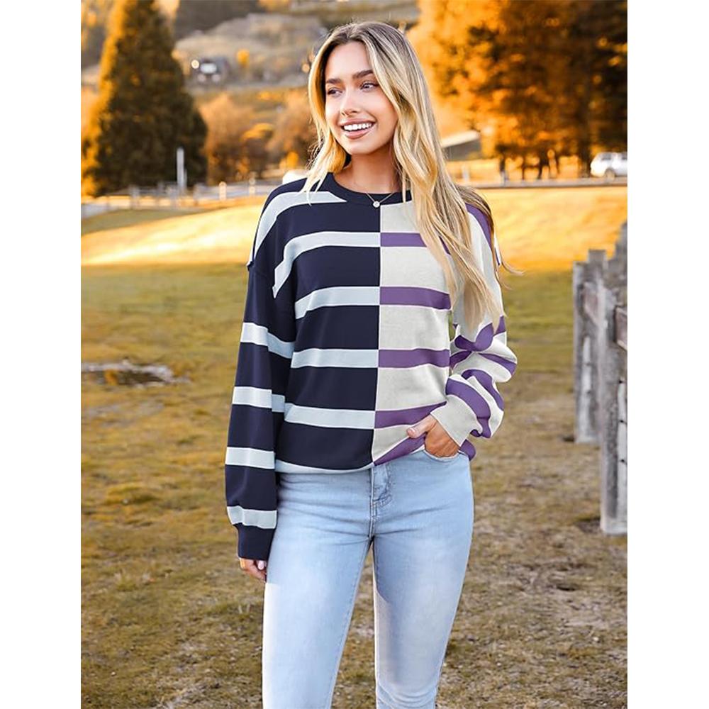 Женский полосатый свитер оверсайз 2025 с круглым вырезом и длинным рукавом, трикотажный свободный свитер с цветными блоками, повседневный топ