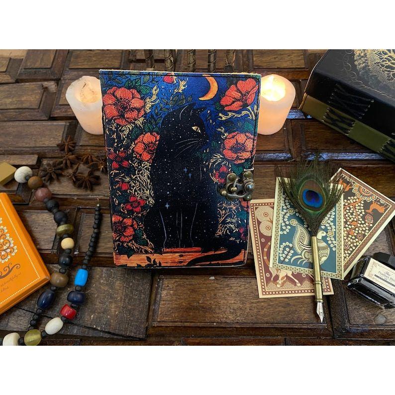 Grimoire Celtic Cat Book of Shadow Leather Journal Spell Book - Witch Wiccan Notebook Sketchbook Journal -Handmade Deckle Edge Paper