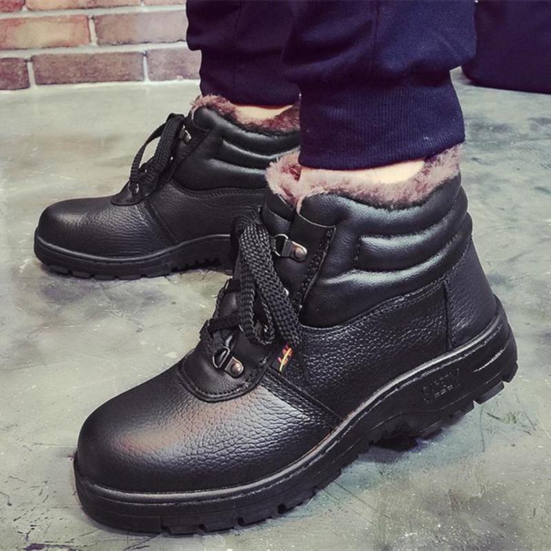 Winter Black Ankle Leather Safety Shoes Men Waterproof Shoes Thermal Cotton Boots