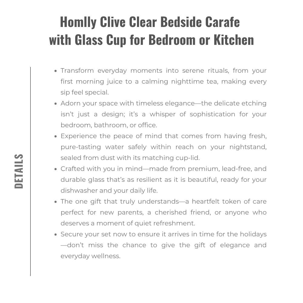 Homlly Clive Clear Bedside Carafe with Glass Cup for Bedroom or Kitchen