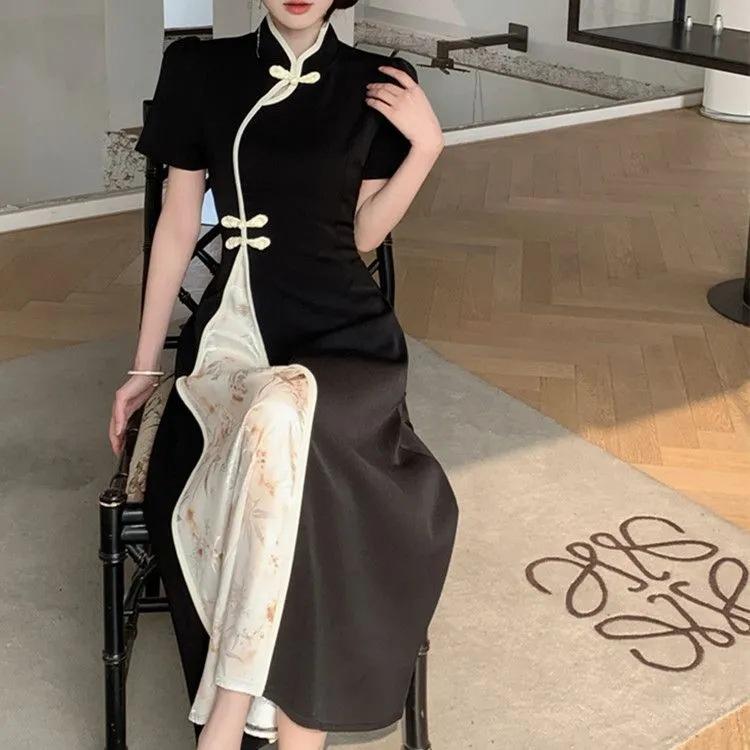Новое улучшенное платье Cheongsam с пряжкой в ​​китайском стиле с короткими рукавами, летняя тонкая талия в стиле ретро и длинная юбка