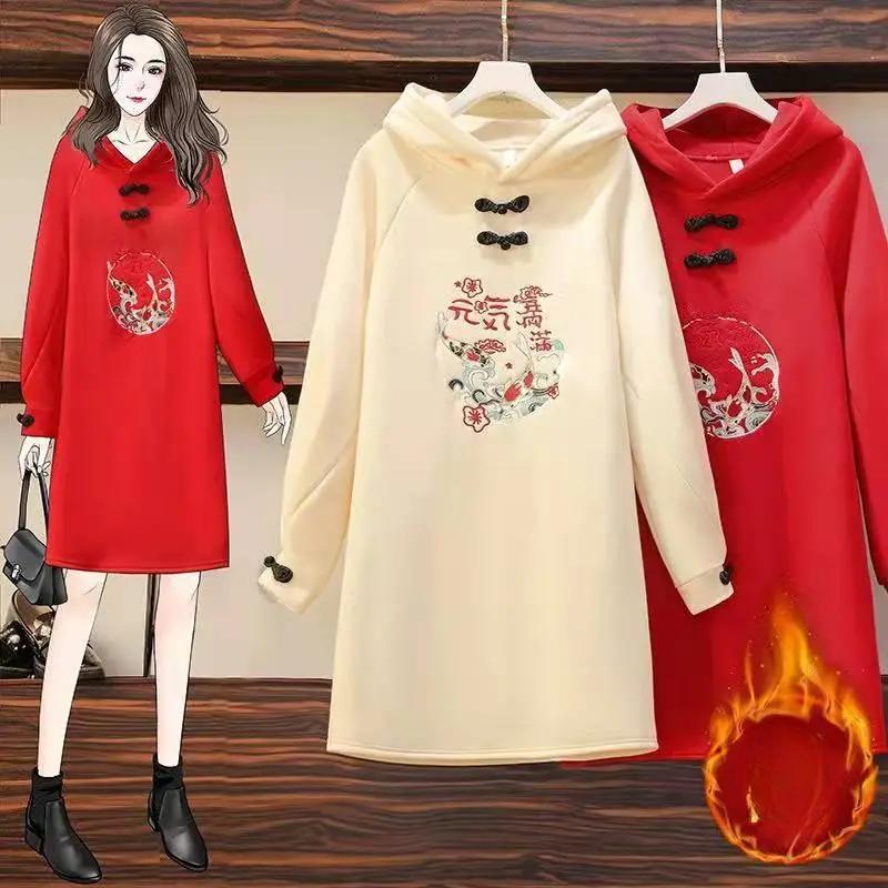 Женское осенне-зимнее модное платье-свитер в китайском стиле из бархата и толстого хлопка, можно носить до 150 кг