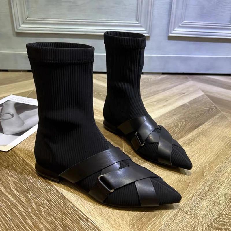 Fashion Pointed Toe Women Mid Calf Chelsea Boots Flats Shoes 2024 Winter Designer New Walking Shoes Sexy Fashion Dress Mujer Zapatos