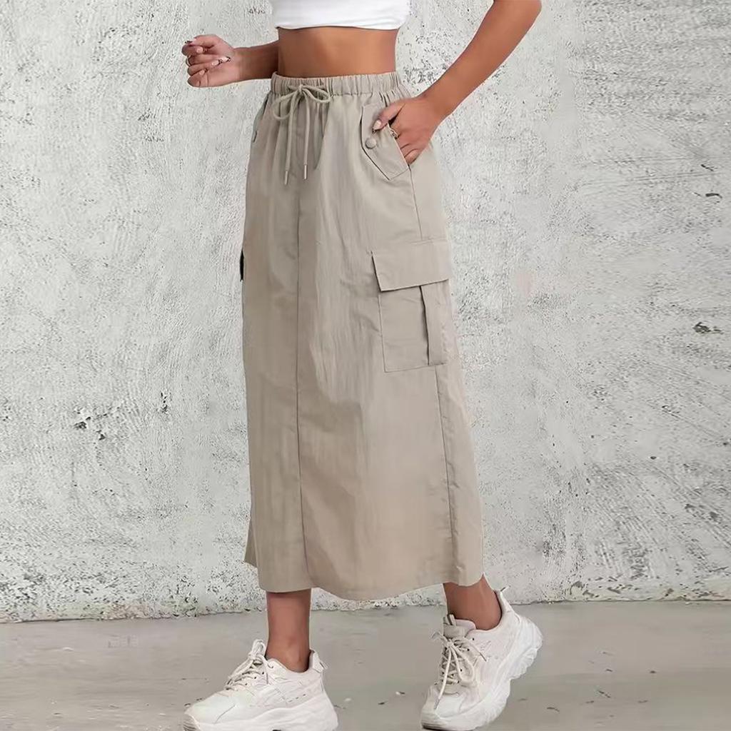 Женская модная однотонная юбка А-силуэта с эластичной талией на кулиске, карманом и разрезом сзади