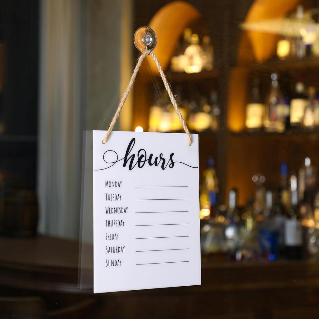 3 Pcs Dry Erase Store Hours Sign Set Include 8 x 10 Inch Erasable Business Hours Sign with Rope Dry Erase Maker and Suction Cup for Office Cafe