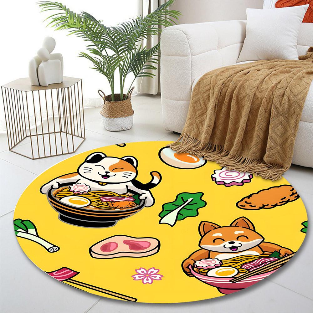 Cats and Foxes Enjoy Ramen Delight Print round rug, living room, bedroom, playroom carpet, non slip floor mat, gift