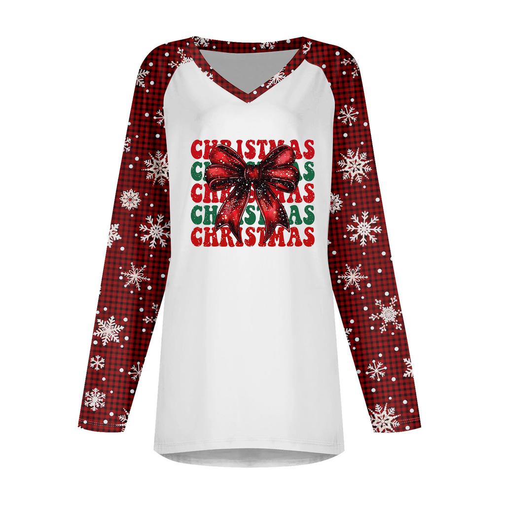 Women's Autumn And Winter Long Sleeved V-neck Christmas Printing Casual Long Loose T-shirt Top