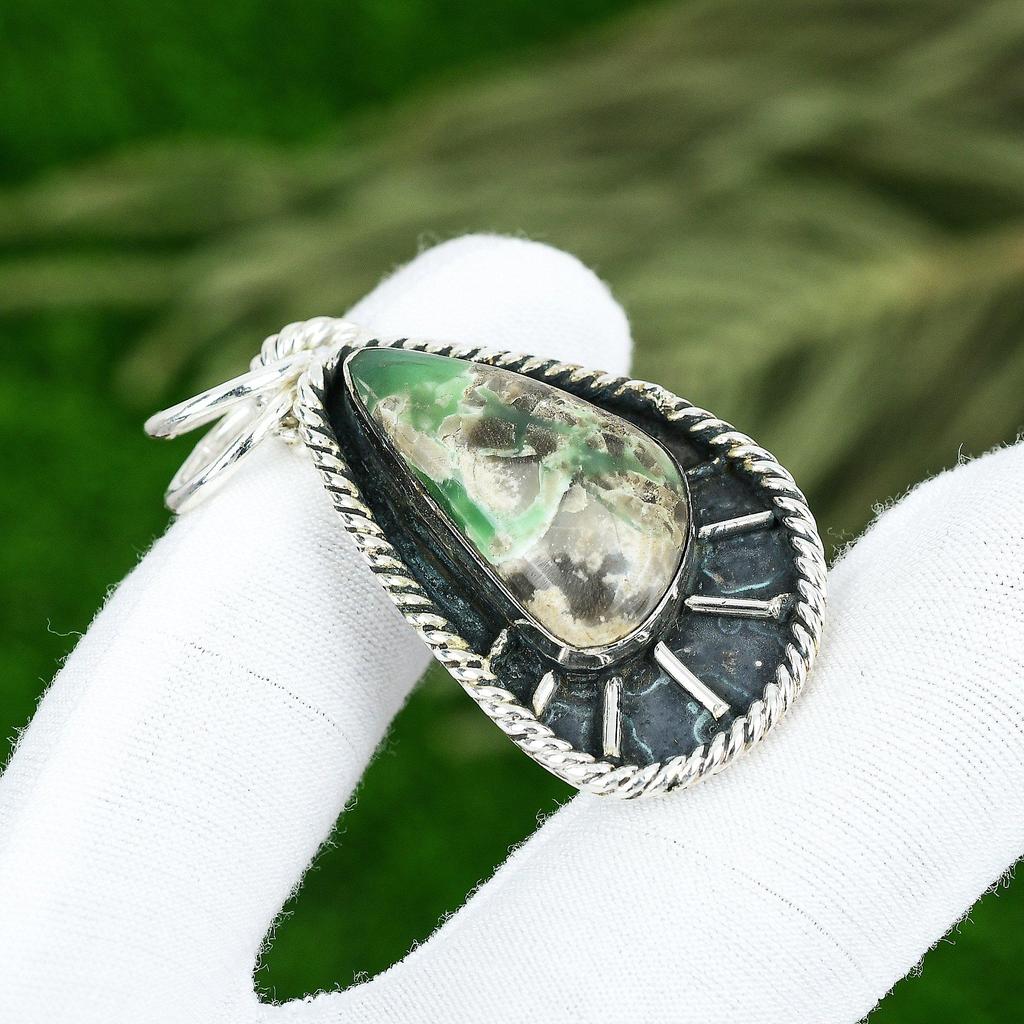Sterling Silver Pear Variscite Stone Bezel Elegant Artisan Boho Pendant Jewelry