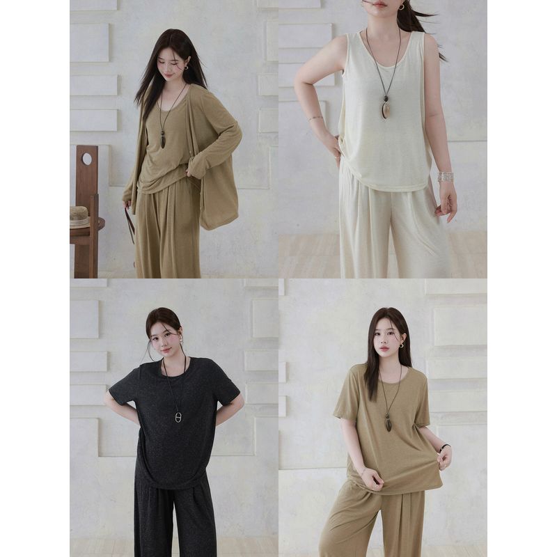 Plus-Size Women's Clothing for Slightly Chubby Girls, Casual Style Linen Vest, Cardigan, T-Shirt, and Pants Three-Piece Set