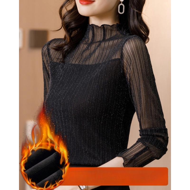 Рубашка с высоким воротом из сетки для женщин на осень и зиму, модный костюм с маленькой рубашкой плюс бархатная утолщенная футболка с длинными рукавами и кружевным топом