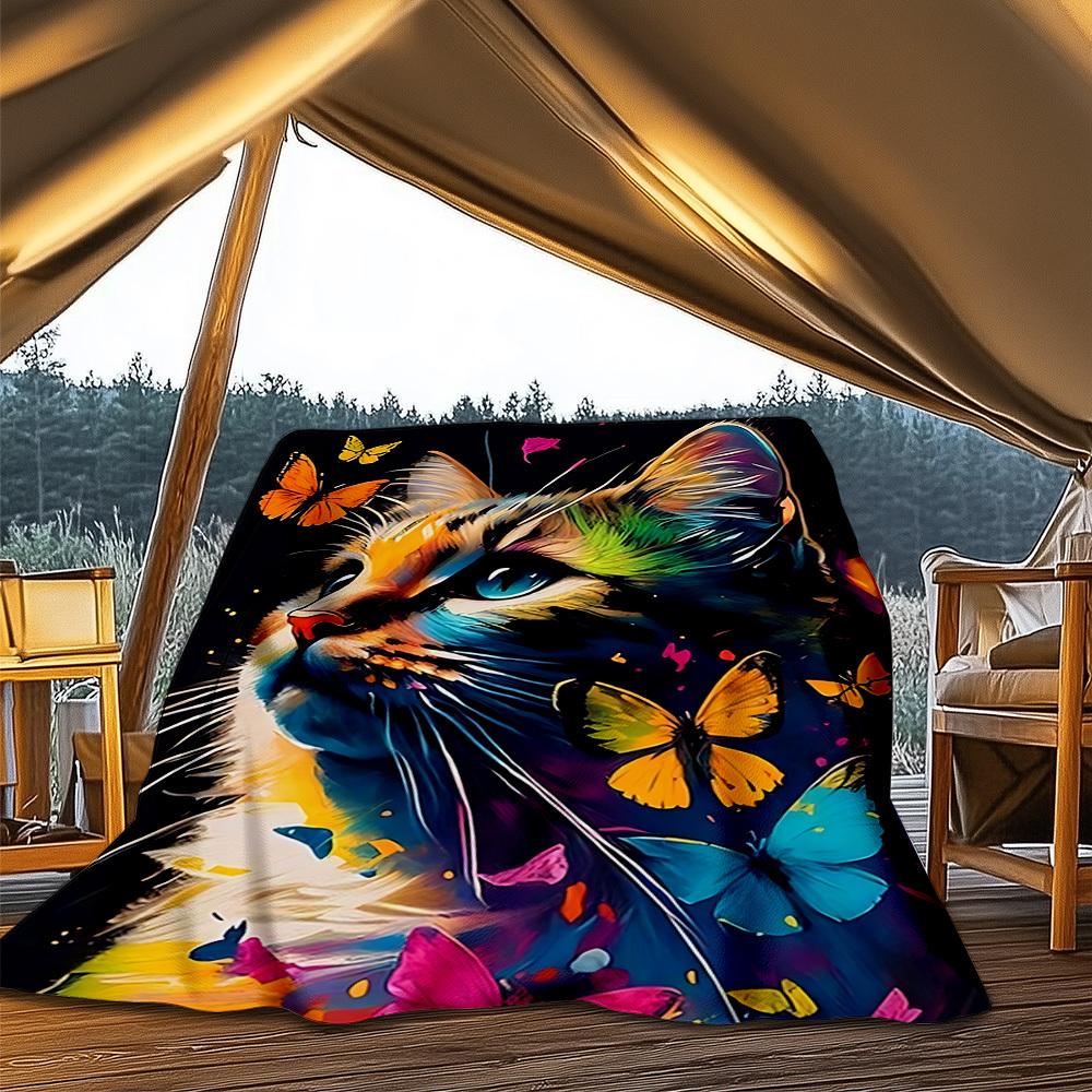 1pc Colorful Cat Art Print Outdoor Blanket, Lightweight Polyester,