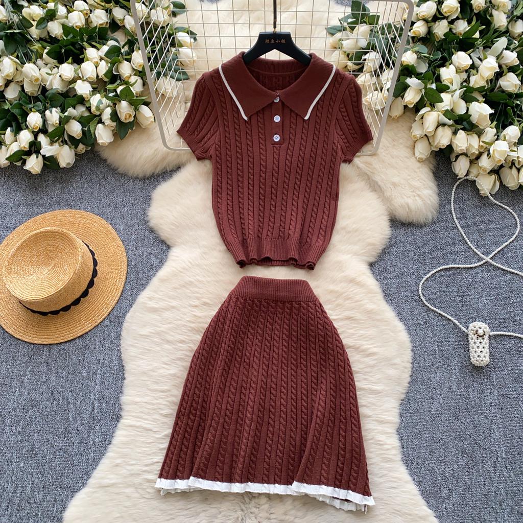 Модные трикотажные костюмы из двух предметов, обтягивающие рубашки поло с короткими рукавами и короткая юбка, женские простые летние комплекты