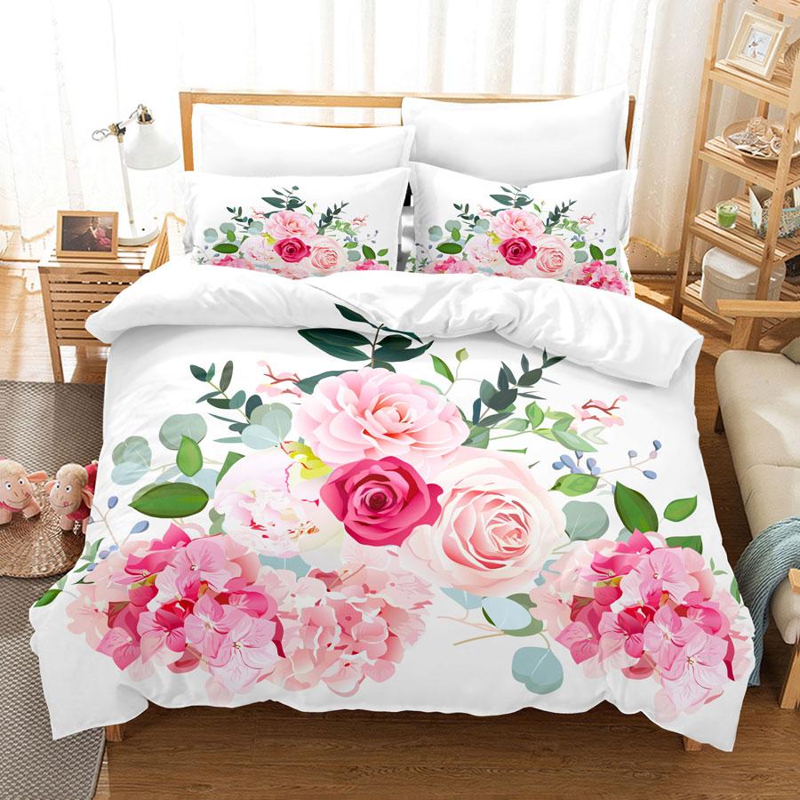 Pink Flower Duvet Cover and Pillowcases Set King Size 220x240 Double Bed Single 3D Queen Bedding Sets Pink Full Twin Quilt Linen