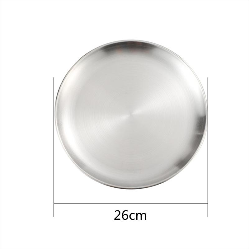 Round Stainless Steel Dinner Plates Flat Insulated Thick BBQ Shallow Dishes Western Steak Cake Fruit Tray Kitchen Accessories
