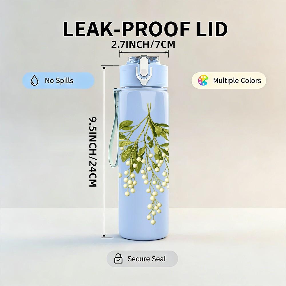 1PC White Mistletoe Branch Floral Print 750ml Color Plastic Sports Water Bottle Leakproof Flip Straw Lid Suitable for Sports Office Home Use