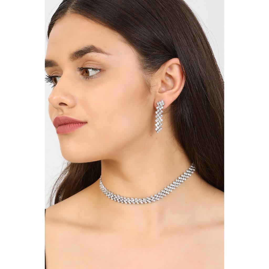 Women's Cross Model Stone Silver Diamond Water Path Necklace Earrings Evening Dress Wedding Engagement Henna Promise Bridal Jewelry Set