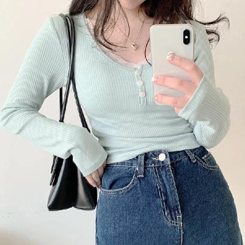 Y2K Lace Trim Patchwork Button Knitted Crop Top Cute Long Sleeve V Neck T-Shirt Korean Chic Harajuku Pullovers Autumn Winter New