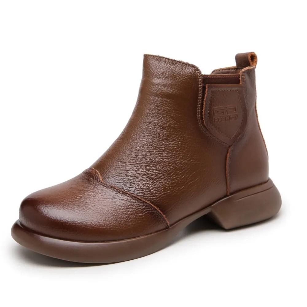 Женские сапоги осенне-зимние плюшевые и теплые хлопковые сапоги из натуральной кожи в стиле ретро с мягкой подошвой, нескользящие, среднего размера, хлопковые туфли для женщин