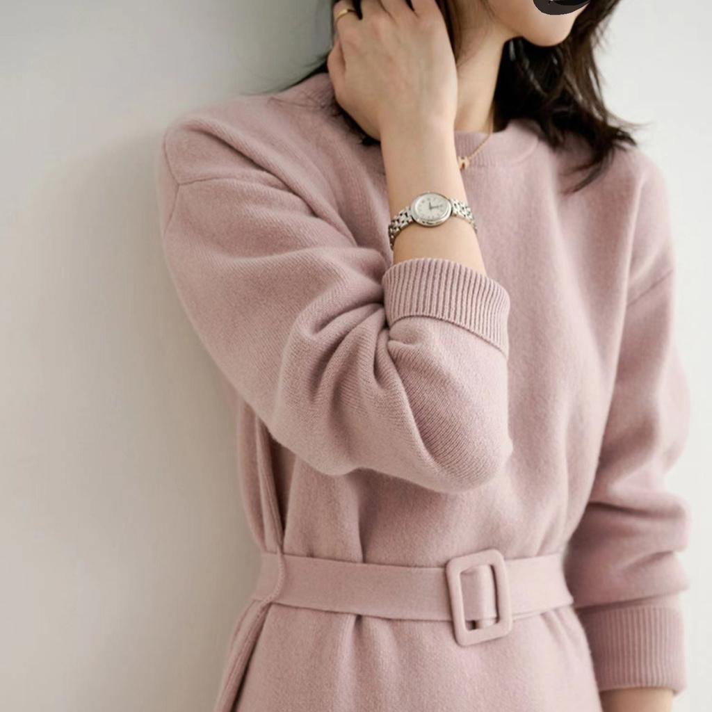 Французское вязаное платье для женщин однотонное повседневное платье-свитер женский осенне-зимний свитер средней длины