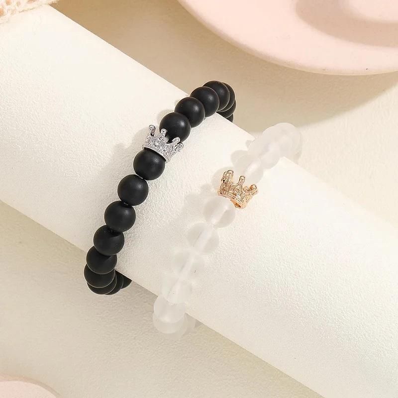 2pcs Handmade Crown Beaded Charms Bracelet Luminou Heart Glow In The Dark Couple Bracelet for Lover Men Women Fluorescent Gift