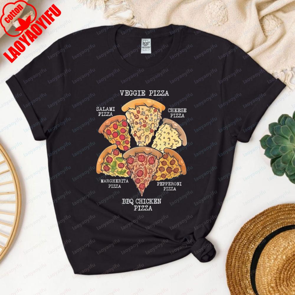 Funny Pizza Flavors Tshirt Six Pizza Types Graphic Casual Cotton Tee Daily Wear Pizza Lover Vintage Fashion Streetwear for Women