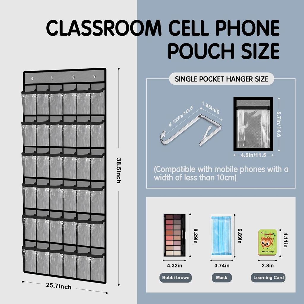 36 Pocket Charts for Classroom Cell Phones, 36 Clear Pocket Charts with Numbered Stickers, Classroom Hanging Cell Phone Organizer, Hangs on Wall,