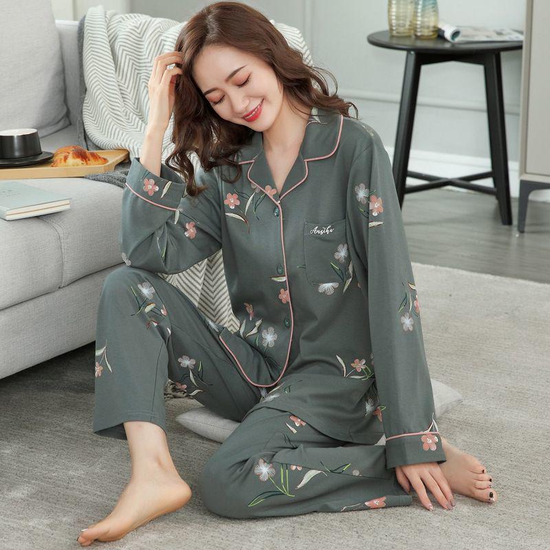 Женский комплект пижамы большого размера из хлопка - Кардиган с длинным рукавом, Двухпредметный, Идеально подходит для осени/весны