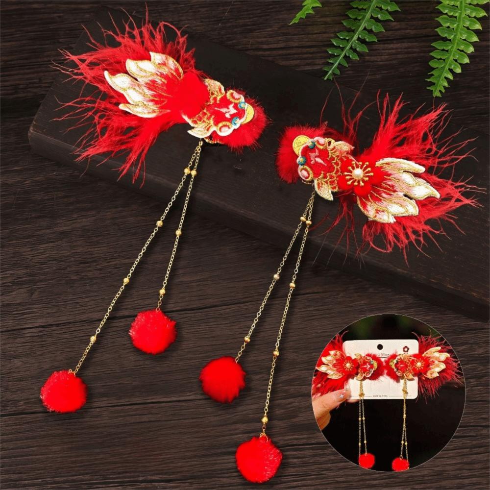 1 Pair Flower Hanfu Red Hair Clips Pearl Bow Tassel Hairpin New Year Headwear  Children