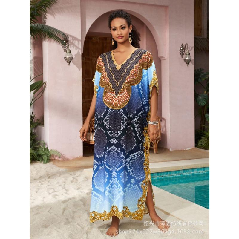 Плюс Размер Женский Пляжный Принт Длинное Платье Праздничный Солнцезащитный Купальник С Накидкой