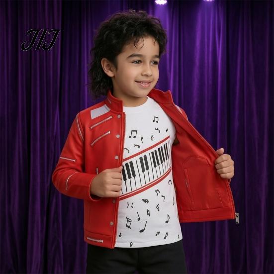 Themed Party Costume 1 Set Retro Pop Singer for Boys, 80s 90s Star Outfit Music Theme Halloween Costume, Red Jacket, Shirt And Pants Stage Performance