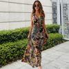 Women Vacation Dress Sleeveless V Neck Backless Floral Printing High Waist Drawstring Beach