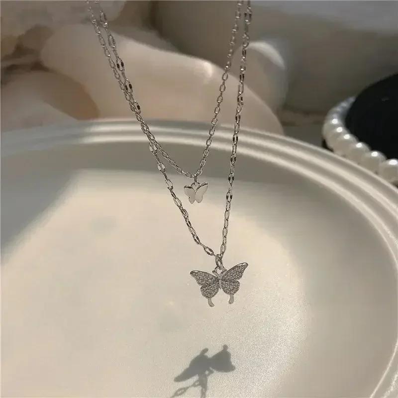 925 Sterling Silver Butterfly Necklace Women Crystal Zircon Pendant Necklace for Women Girl Crystal Chain Necklace Party Jewelry