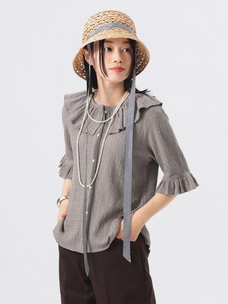 Beams Boy S/S Tee Jacquard Ruffle Gathered Short Sleeve Women's LT.GREY FREE