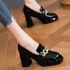 Women's British Style Round Toe Patent Leather Pumps Autumn  Chunky Heel Metal Buckle Comfort Cushioned Office Dress Shoes