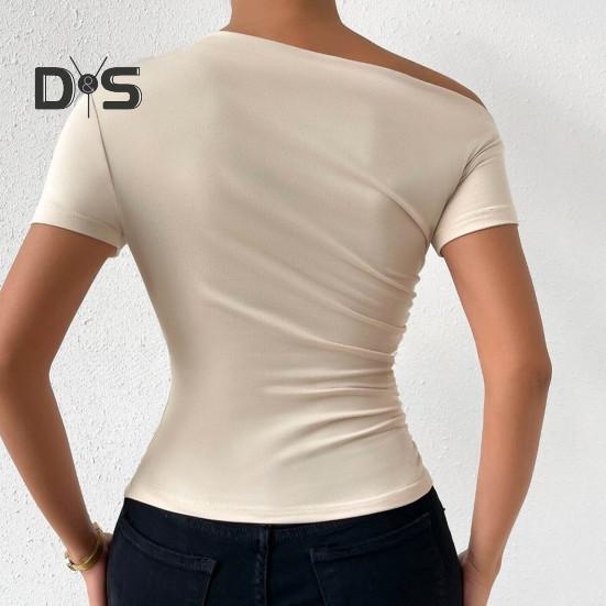 Женская летняя футболка с косым воротником и коротким рукавом, приталенная футболка, однотонный пуловер с боковыми сборками, топы