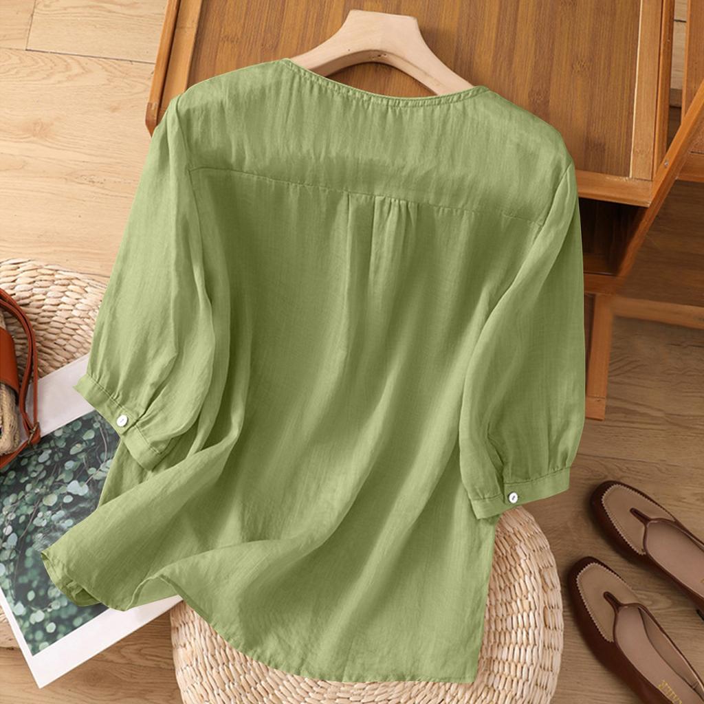 Women's Solid Color Cotton And Linen Short-sleeved Embroidered Retro Breathable T-shirt Round Neck Top