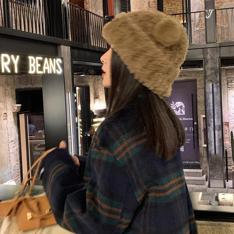 Elegant Bear Plush Knit Hat For Women Winter Warm Thick Fur Beanie Cap