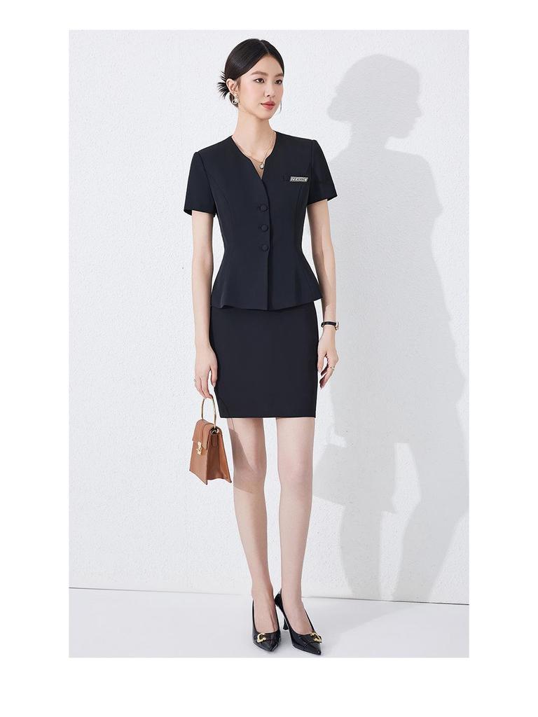 Женский темно-синий костюм с коротким рукавом - Летняя профессиональная одежда для стойки регистрации в отеле и ювелирном магазине.