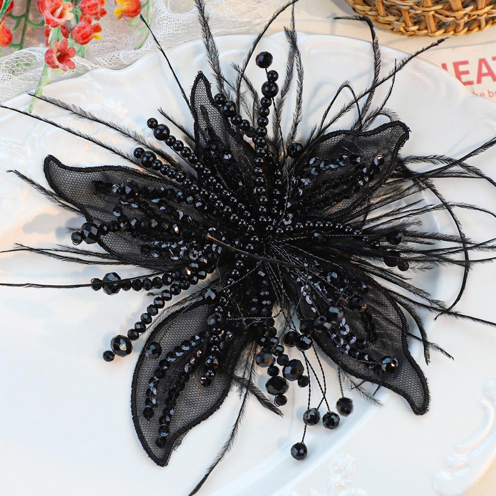 Twisted Wire 3D Organza Flower Patch Feather Pearl Studded Patch Corsage Accessory