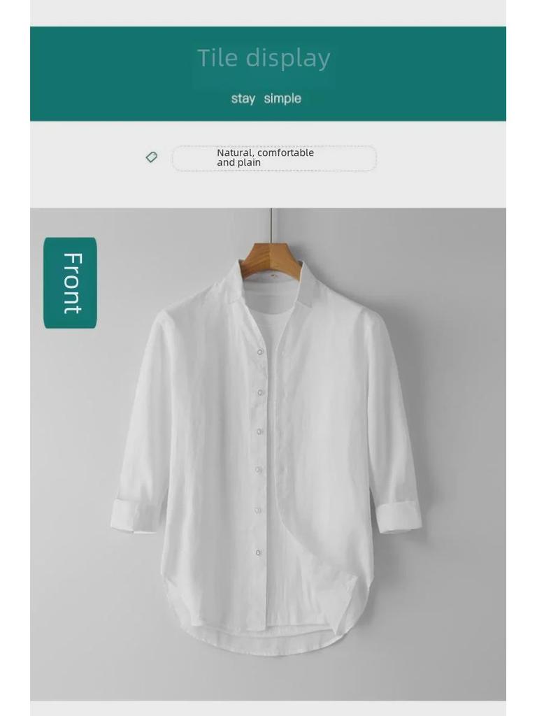 Men's Casual White Linen Shirt - Breathable, Loose-Fit, Three-Quarter Sleeve