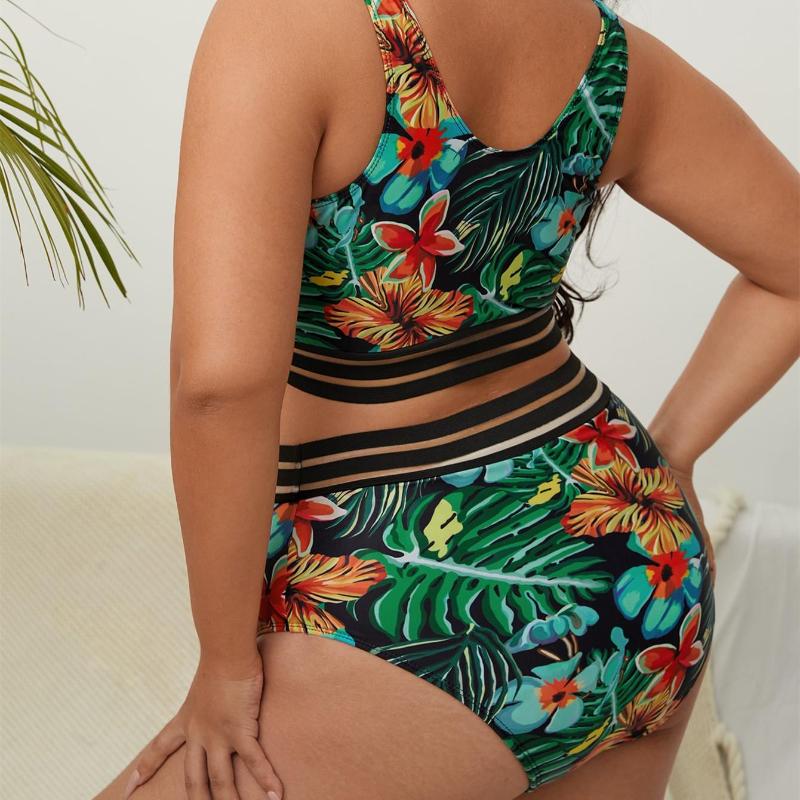 Купальники больших размеров, комплект из 2 предметов, женские комплекты бикини с высокой талией и пуш-ап, летние большие купальные костюмы с цветочным принтом