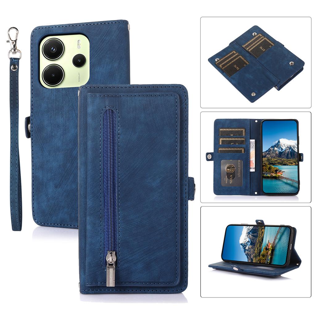 For Xiaomi Redmi Note 14 4G (164.84mm) Case Zipper Pocket 9 Card Slots PU Leather Phone Cover with Wrist Strap