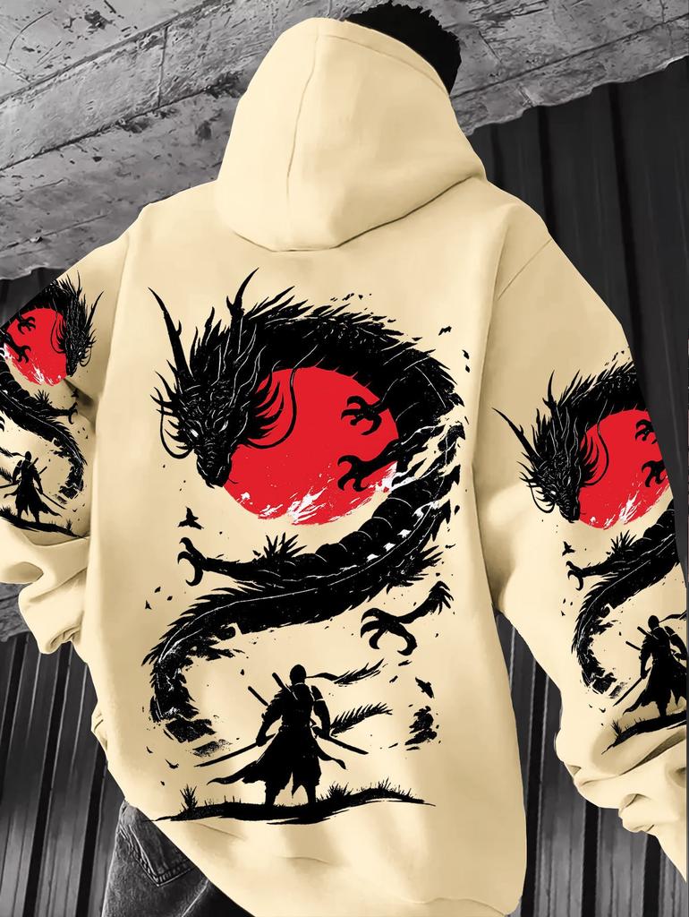 Japanese samurai dragon print hooded sweater for men and women of the same style Guochao navy blue loose street style top