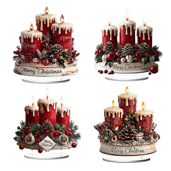 Christmas Tabletop Sign 2D Acrylic Desktop Sign with Candles Pine Cones Red Berries Pattern for Holiday Tiered Tray Home Party Decor